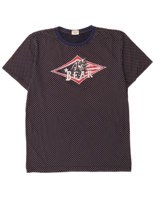Bear Mens Graphic T-Shirt Top Large Navy Blue Spotted Cotton