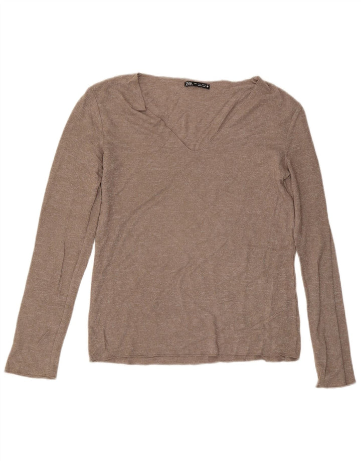 ZARA Pull col en V pour femme UK 10 Petit Gris