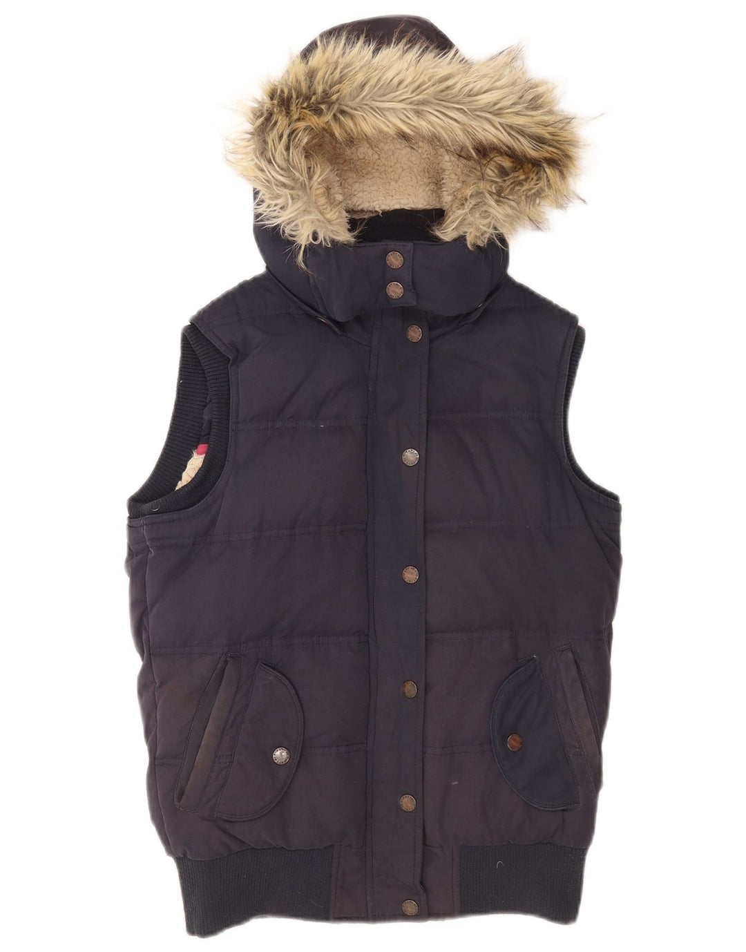Fat Face Womens Hooded Padded Gilet UK 8 Small Navy Blue Polyester