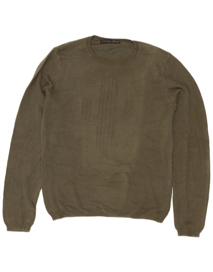 ZARA Mens Graphic Crew Neck Jumper Sweater Medium Khaki Cotton