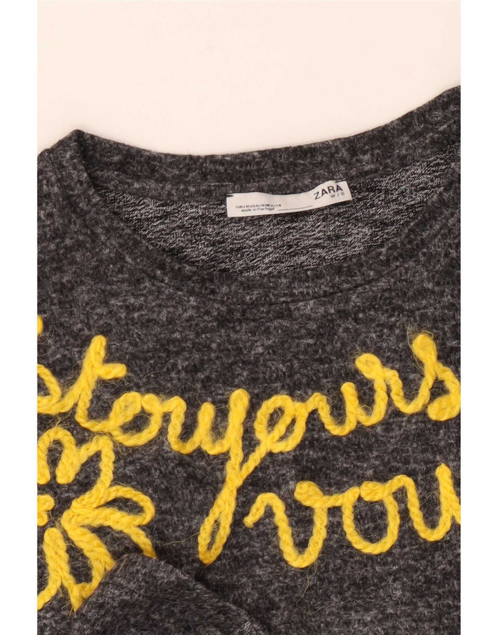 Zara Womens Graphic Top Long Sleeve UK 12 Medium Grey Floral