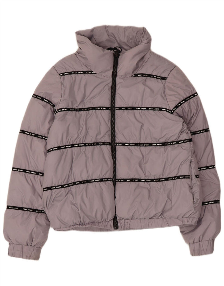 Dkny Dame grafisk hættepolstret jakke UK 12 Medium Grå Polyester