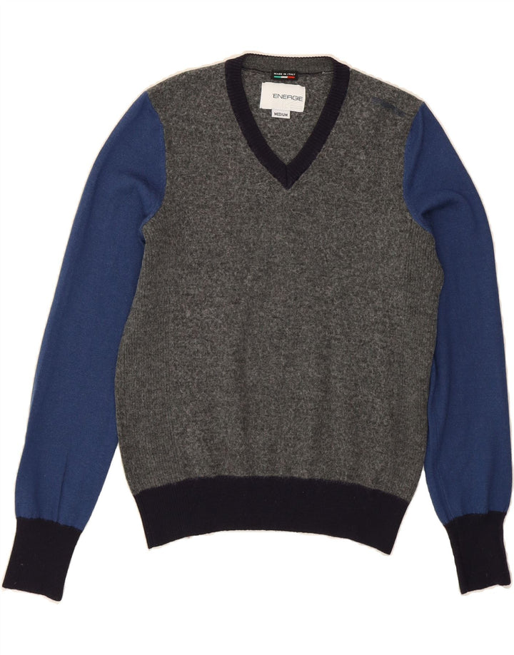 ENERGIE Womens V-Neck Jumper Sweater UK 14 Medium Grey Colourblock Vintage Energie and Second-Hand Energie from Messina Hembry 