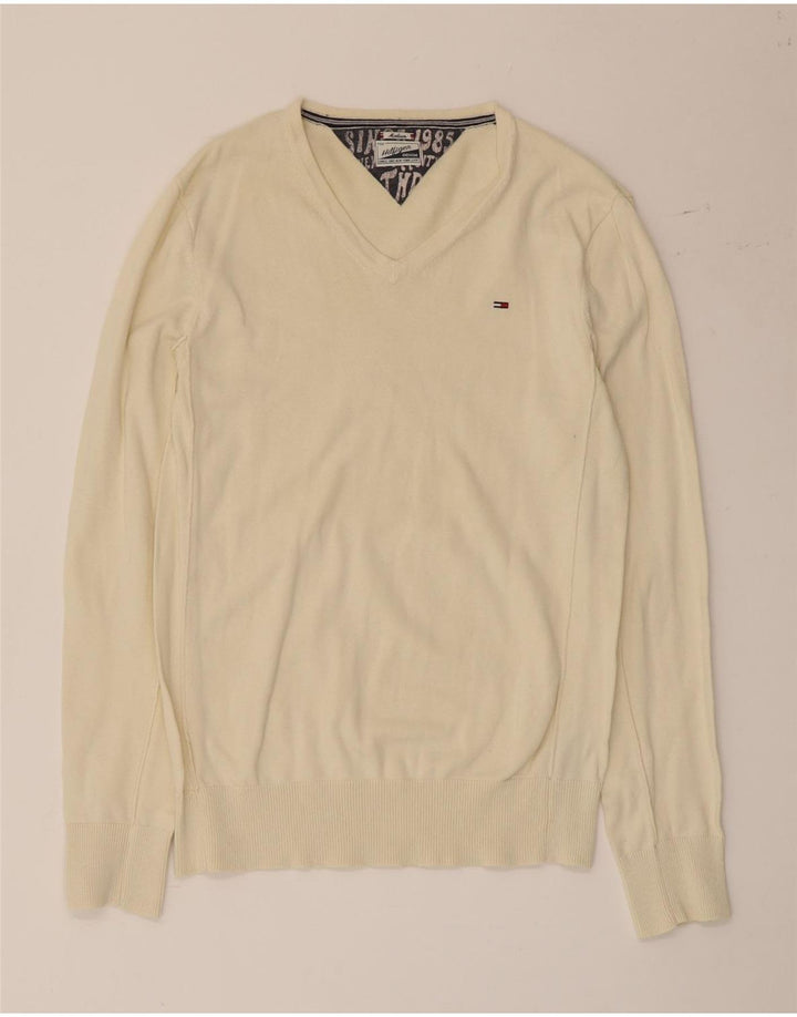 Maglione da uomo con scollo a V Tommy Hilfiger in cotone beige medio