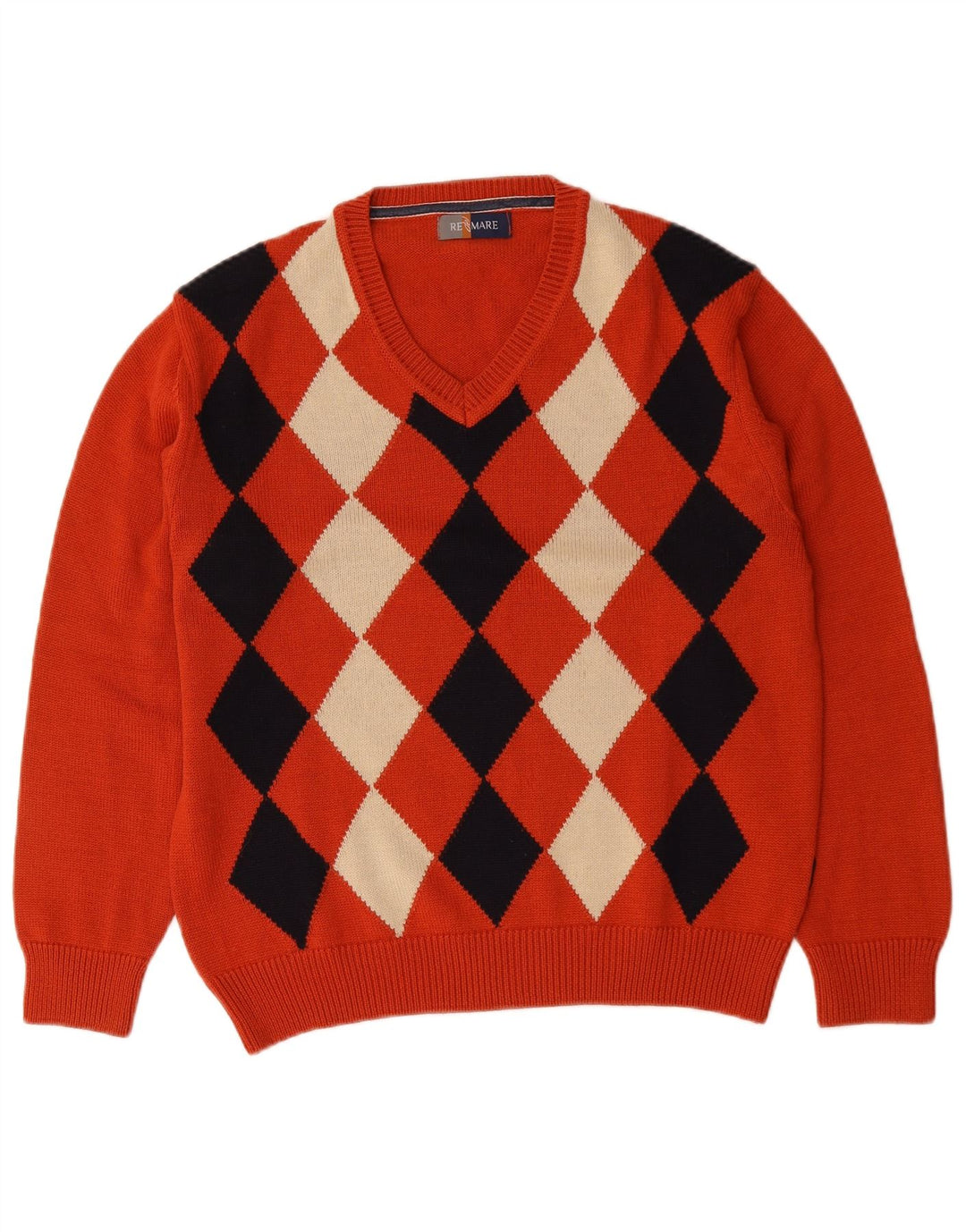 Re Del Mare Mens V-Neck Jumper Sweater Medium Orange Argyle/Diamond Wool