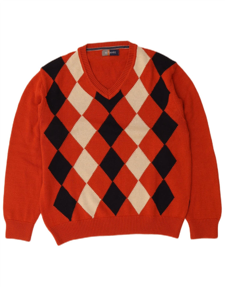 Re Del Mare Mens V-Neck Jumper Sweater Medium Orange Argyle/Diamond Wool