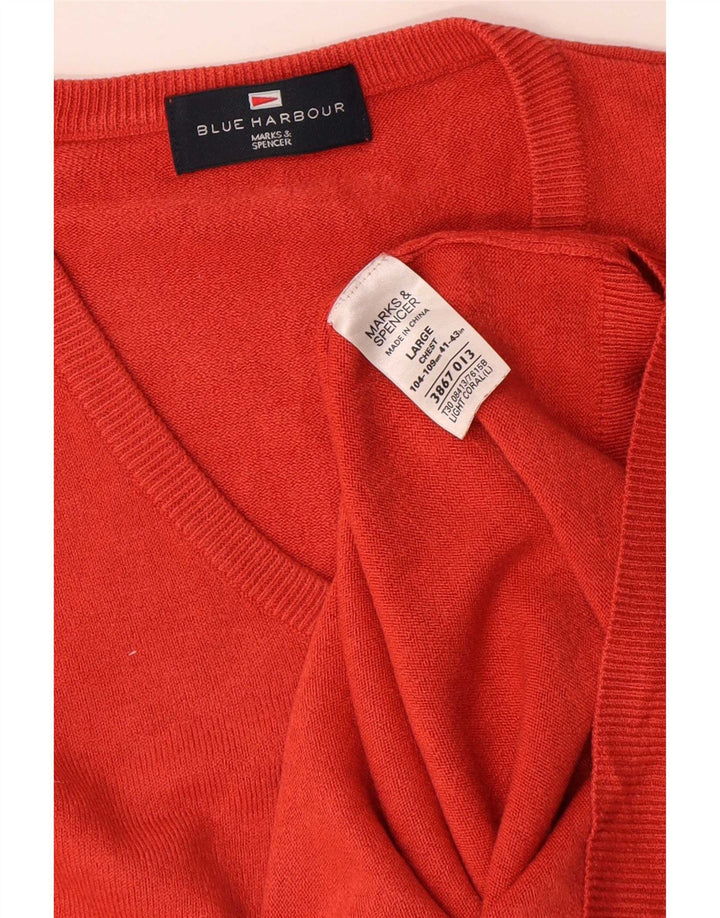Marks & Spencer Mens Blue Harbour V-Neck Jumper Sweater Large Red Acrylic