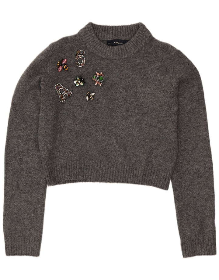 Zara Womens Oversized Graphic Crew Neck Jumper Sweater UK 10 Small Grey