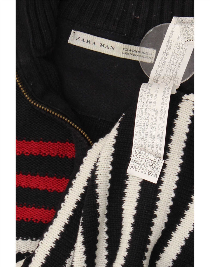 Zara Mens Zip Neck Jumper Sweater Medium Navy Blue Striped Cotton