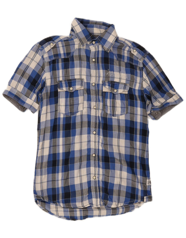 Jack & Jones Mens Military Short Sleeve Shirt Small Blue Plaid Cotton