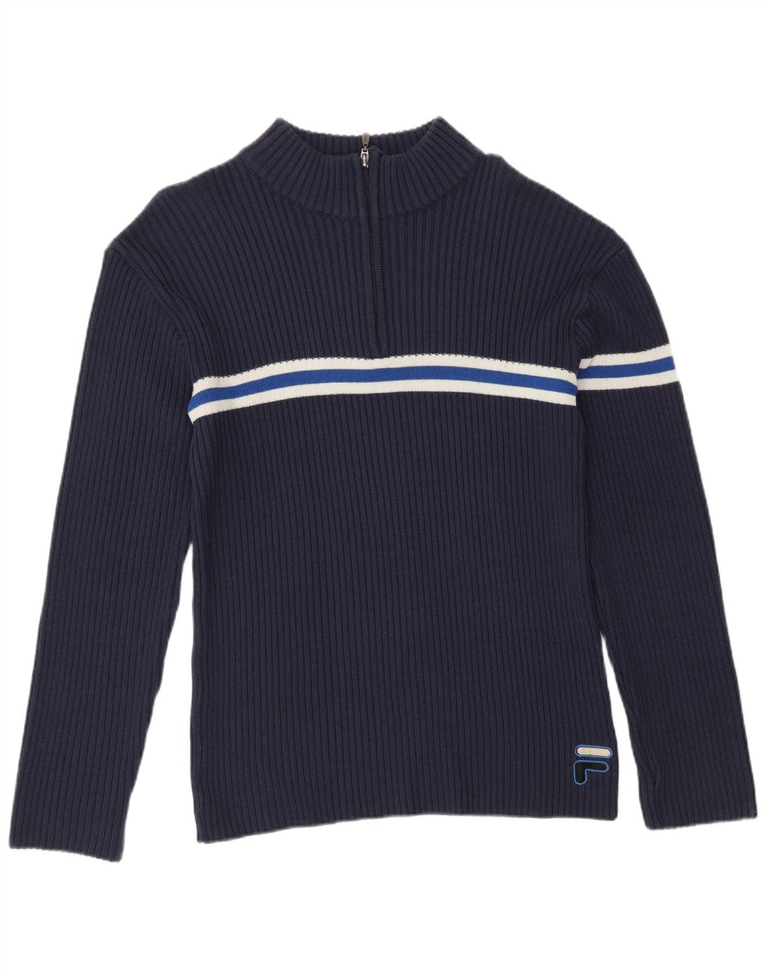 Fila Mens Zip Neck Jumper Sweater IT 50 Medium Navy Blue Striped
