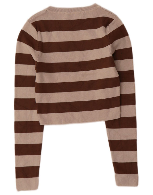 Zara Womens Crop Top Manches Longues UK 8 Petite Viscose Rayée Marron