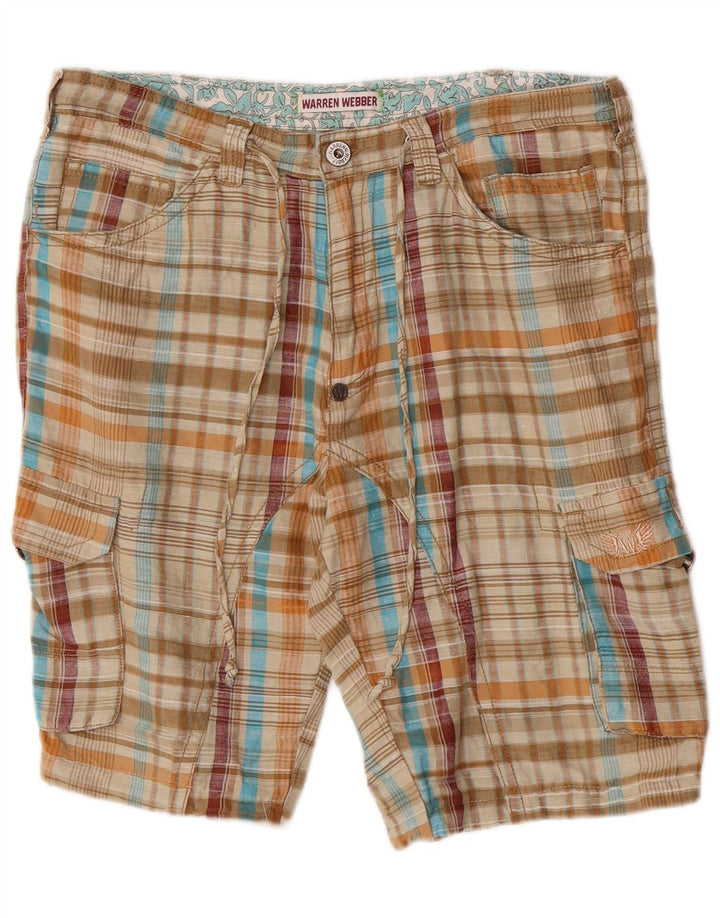 Pantaloncini cargo da uomo Warren Webber XL W36 Lino a quadri beige