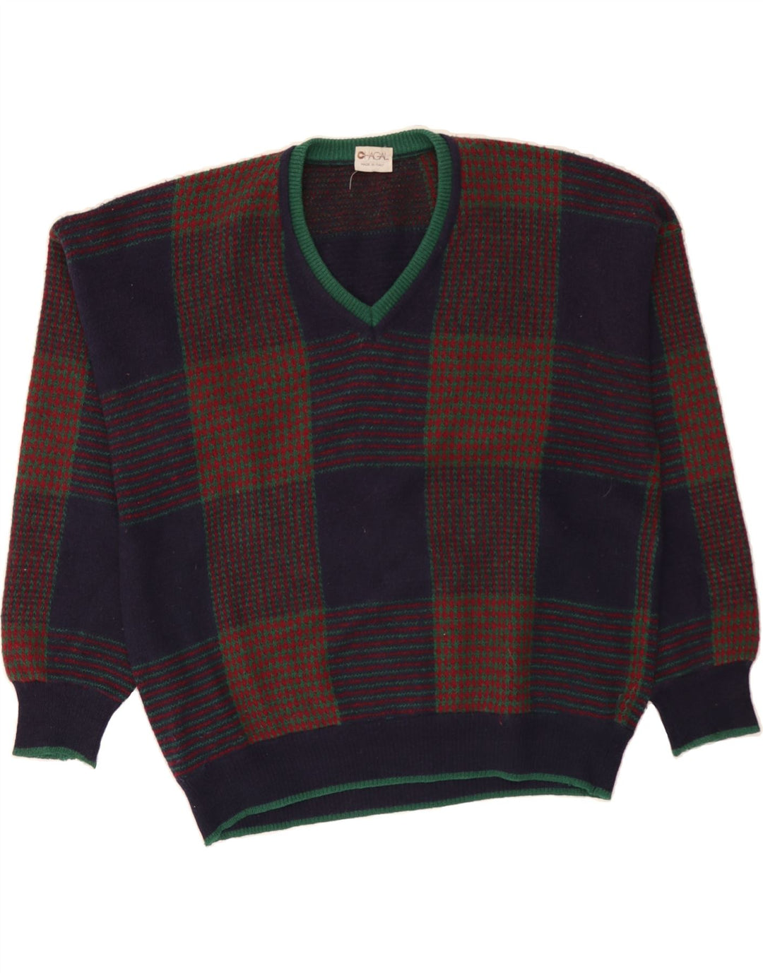 CHAGALL Mens V-Neck Jumper Sweater 2XL Navy Blue Check Vintage Chagall and Second-Hand Chagall from Messina Hembry 