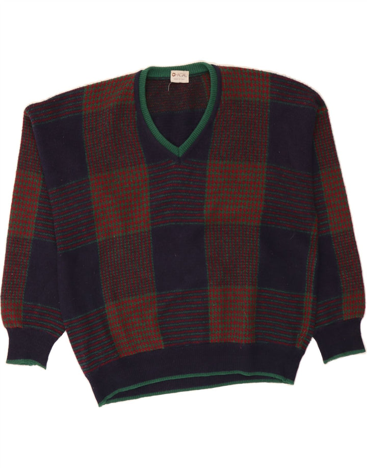 CHAGALL Mens V-Neck Jumper Sweater 2XL Navy Blue Check Vintage Chagall and Second-Hand Chagall from Messina Hembry 