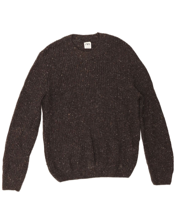 Zara Mens Crew Neck Jumper Sweater Medium Grey Flecked Wool