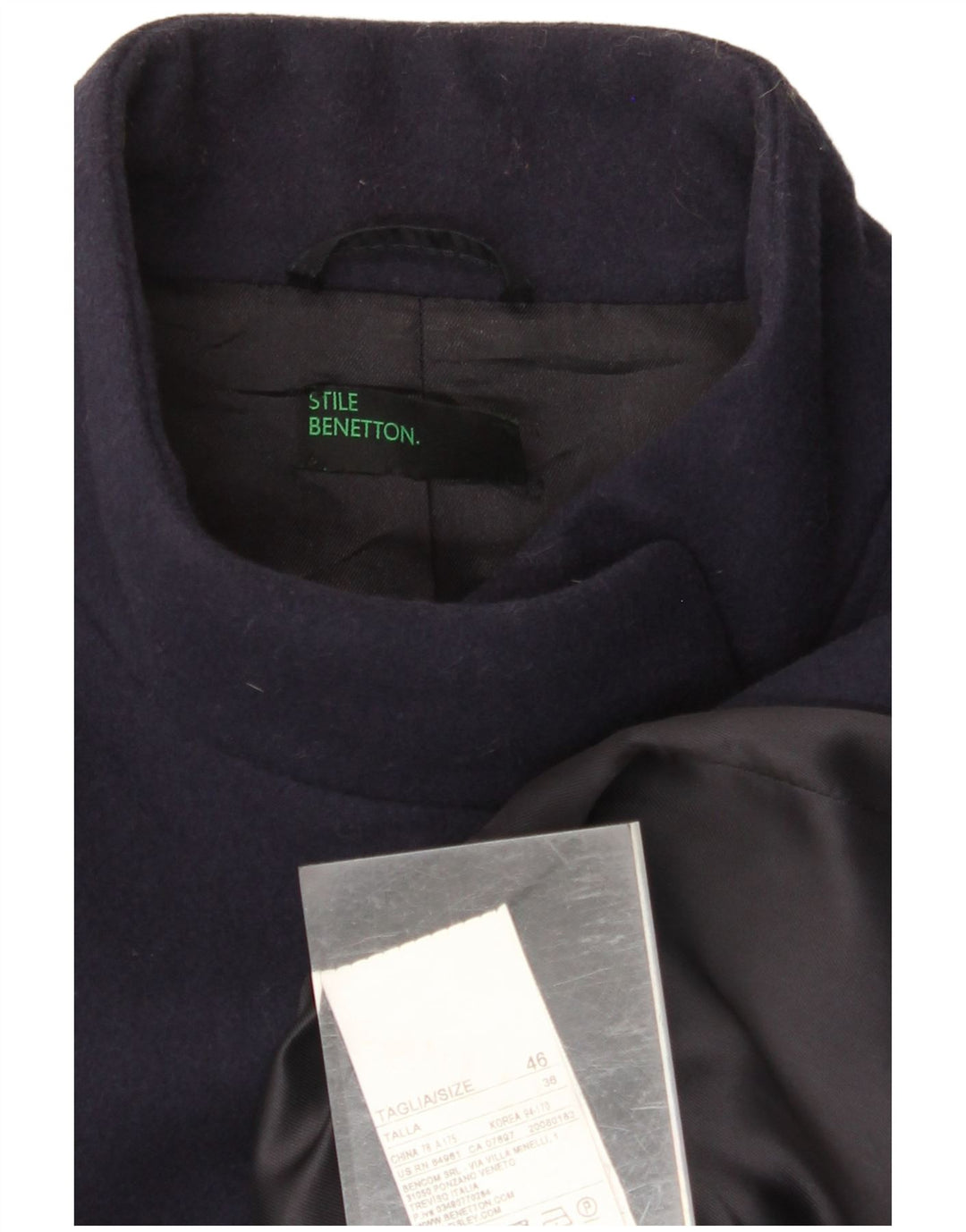 BENETTON Womens Overcoat IT 46 Large Navy Blue Wool