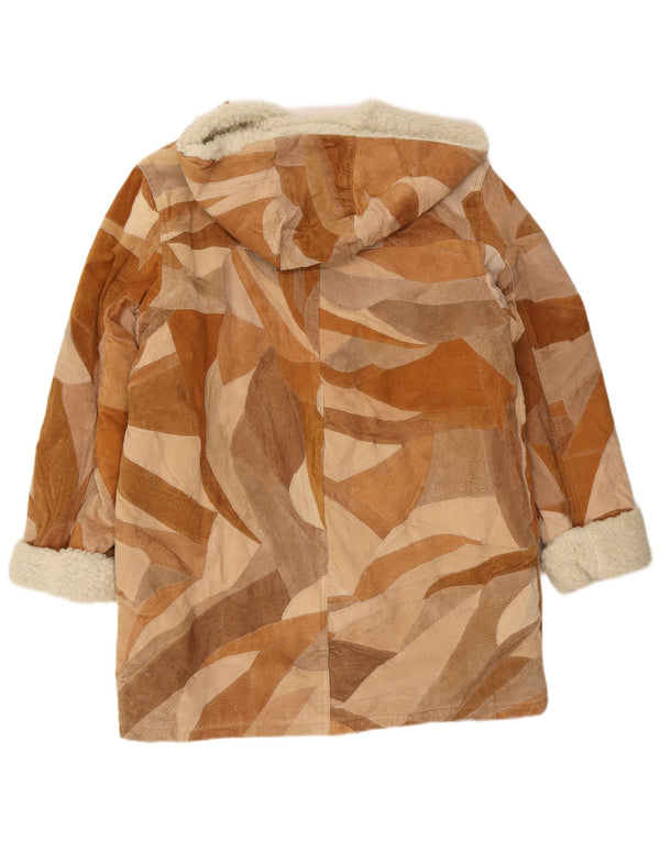Vintage Damen Kapuzen-Sherpa-Mantel UK 18 XL Braunes Patchwork-Leder