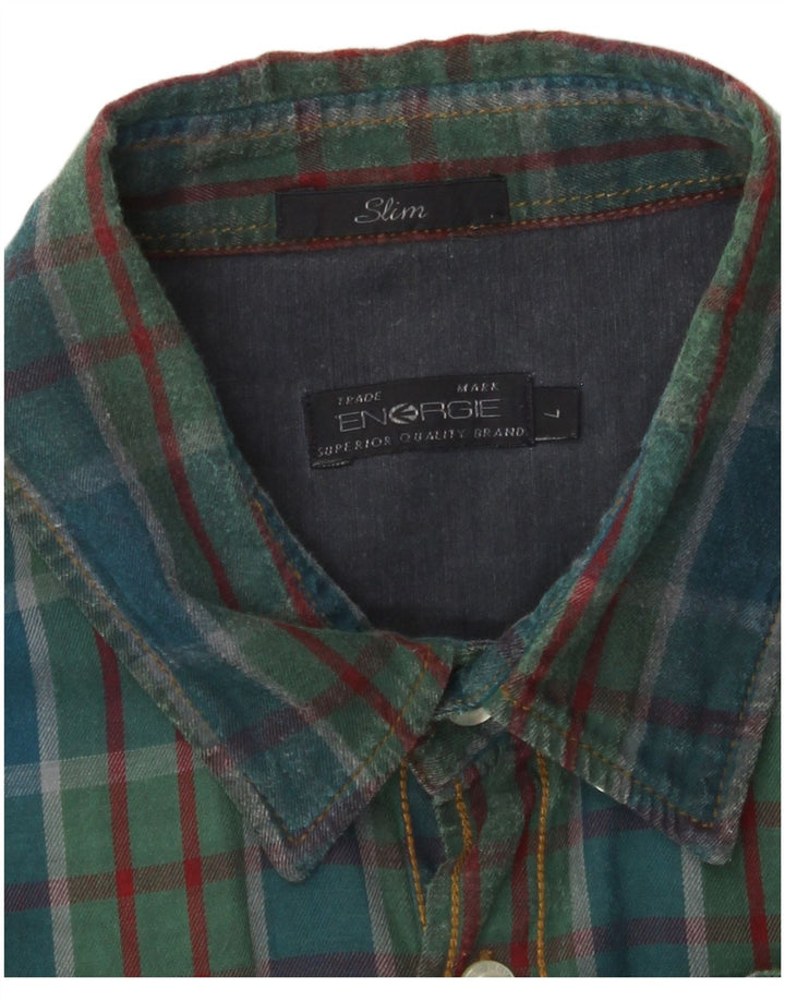 ENERGIE Mens Slim Flannel Shirt Large Green Check