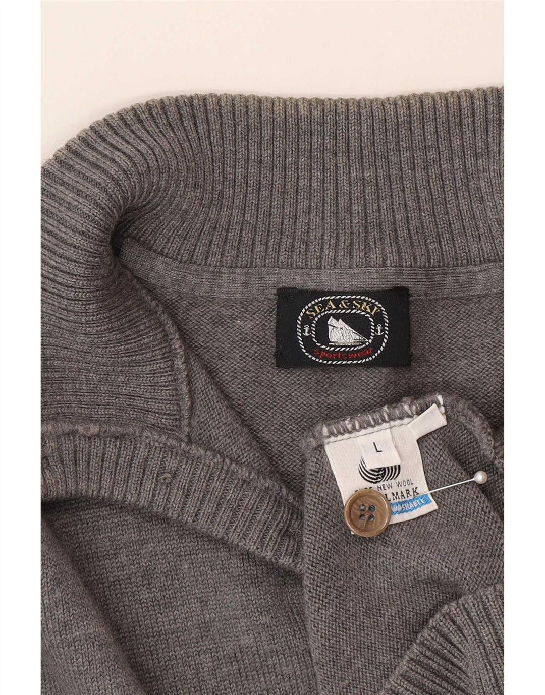 Sea & Sky Mens Button Neck Jumper Sweater Large Grey Wool