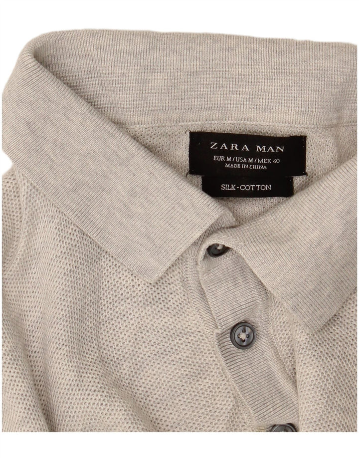 Zara Mens Short Sleeve Polo Neck Jumper Sweater Medium Grey Flecked