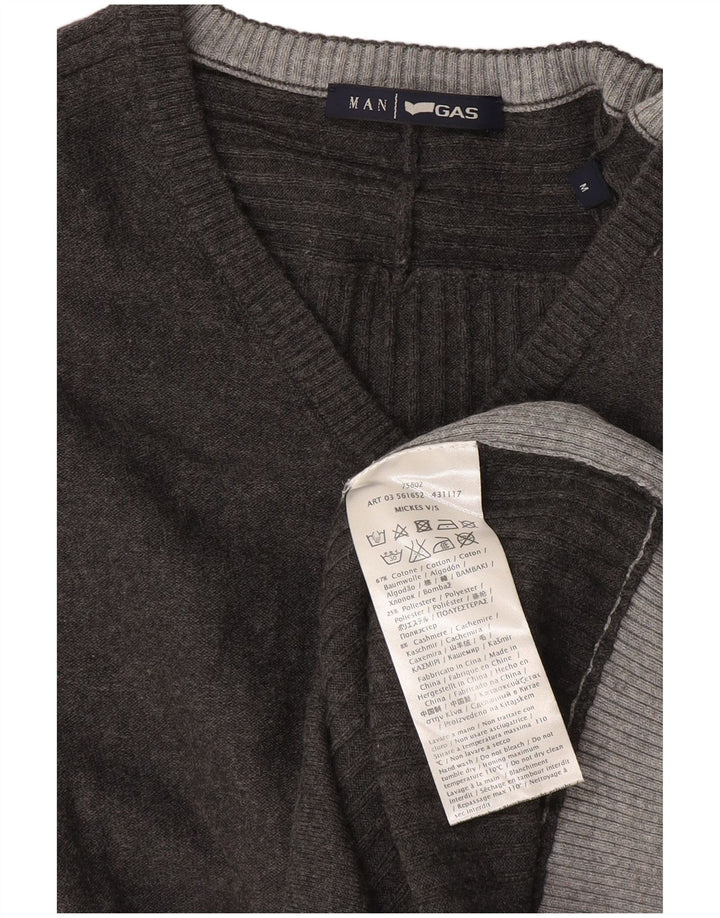 Gas Mens V-Neck Jumper Sweater Medium Grey Colourblock Cotton