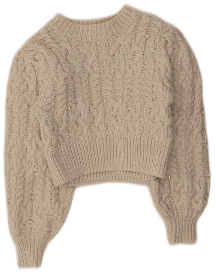 Zara Womens Crop Crew Neck Jumper Sweater UK 8 Small Off White Polyester