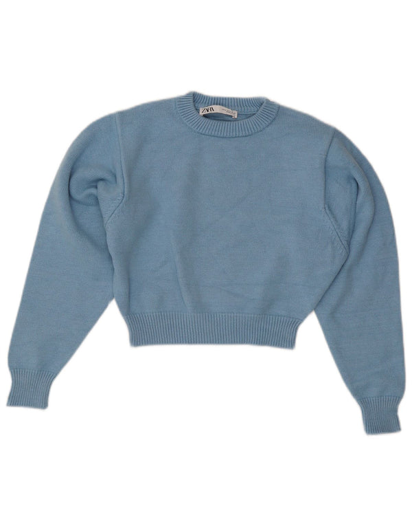 Zara Womens Crop Crew Neck Jumper Pull UK 10 Petit Bleu Viscose