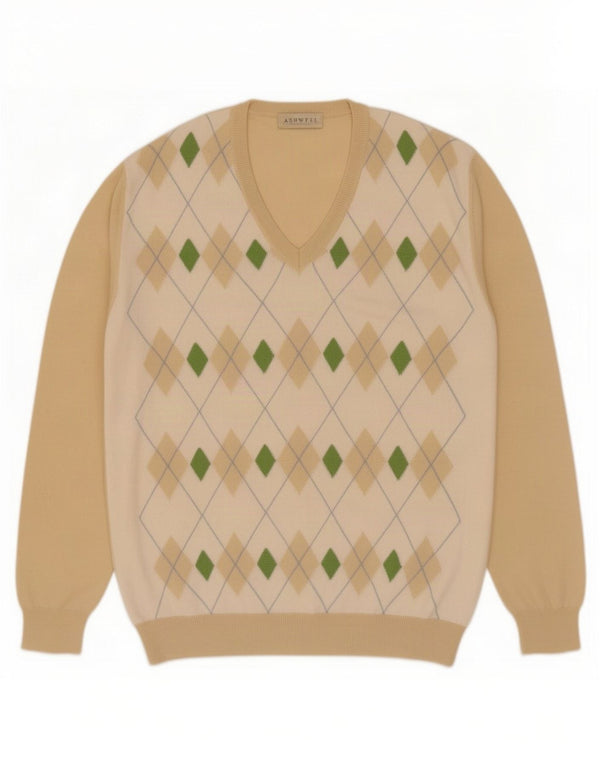 Ashwell Mens V-Neck Jumper Sweater IT 52 Large Beige Argyle/Diamond Cotton