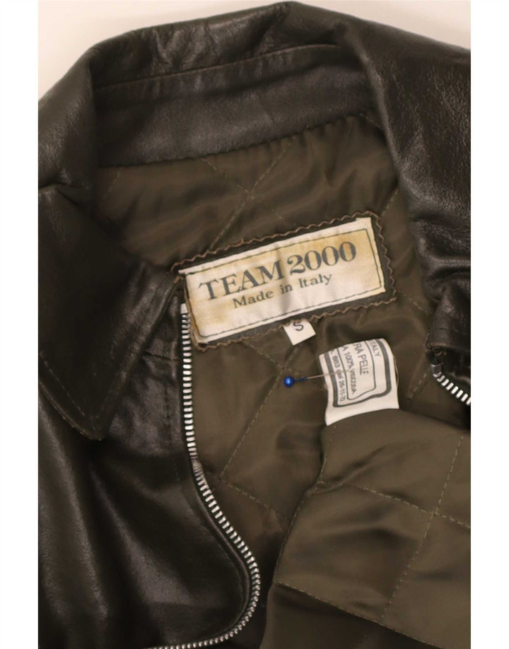Jaqueta de couro feminina vintage UK 10 pequena cáqui