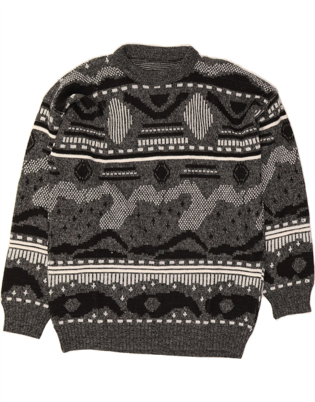 VINTAGE Mens Crew Neck Jumper Sweater Large Grey Fair Isle Vintage Vintage and Second-Hand Vintage from Messina Hembry 
