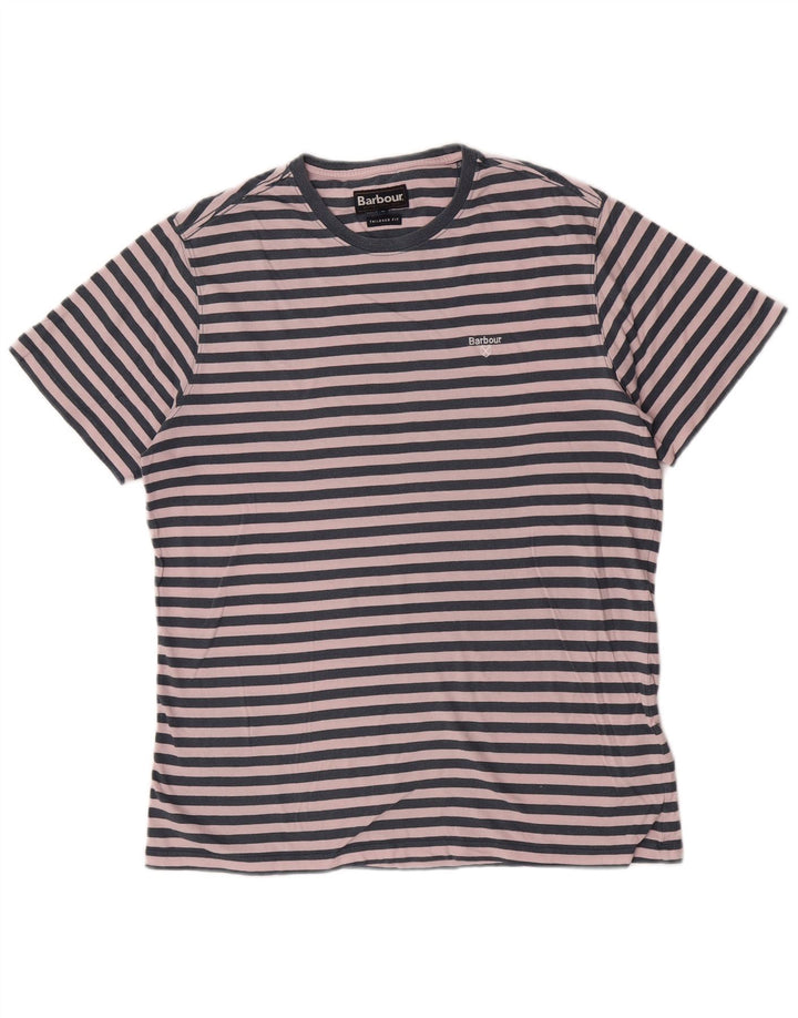 Barbour Mens Tailored Fit T-Shirt Top Medium Navy Blue Striped Cotton