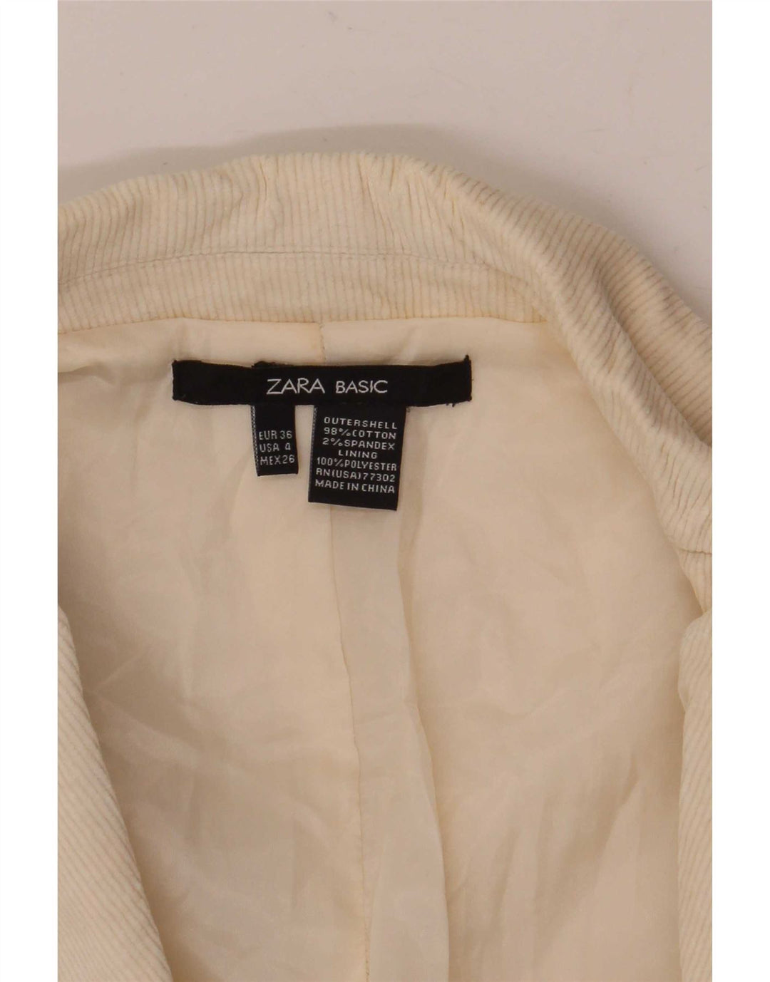 Zara Womens 2 Button Corduroy Blazer Jacket EU 36 XS Off White Cotton