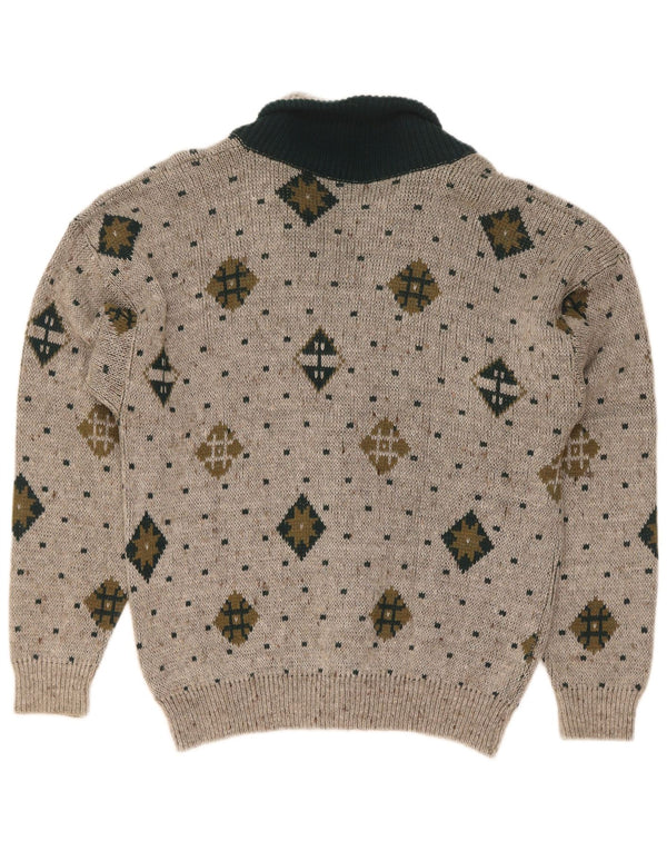 Vintage Mens Cardigan Sweater Large Grey Geometric Wool