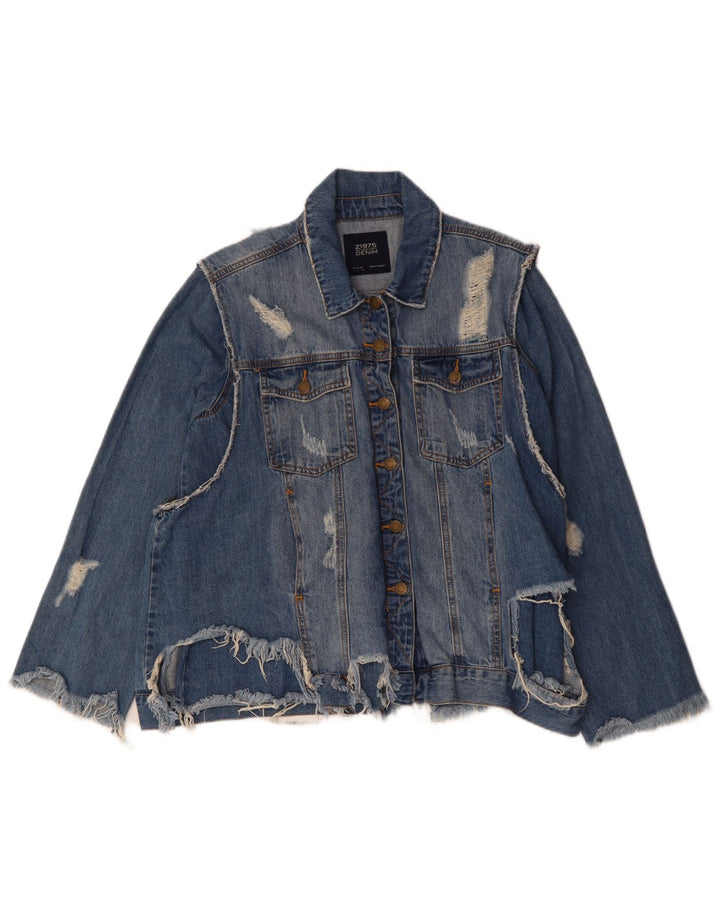 ZARA Womens Distressed Denim Jacket UK 16 Large Blue Cotton