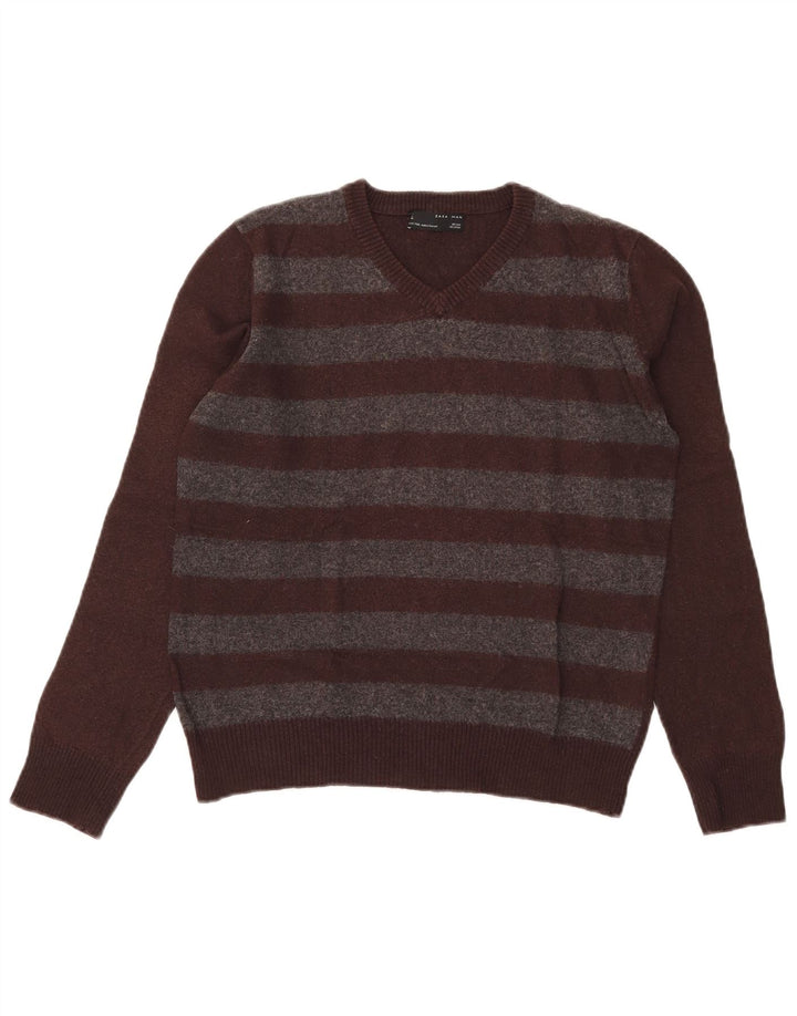Zara Mens V-Neck Jumper Sweater Medium Brown Striped Wool