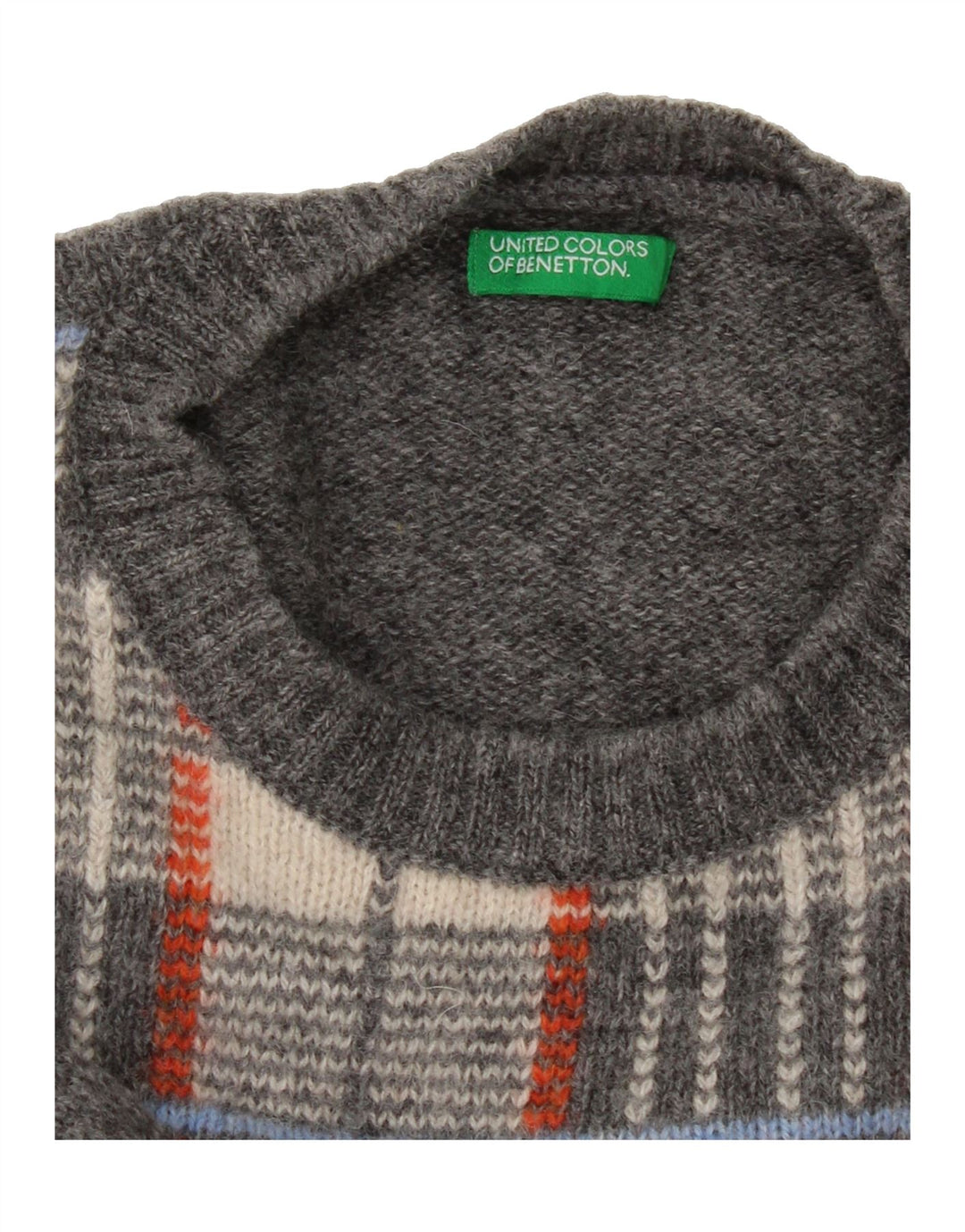 BENETTON Womens Crew Neck Jumper Sweater UK 14 Large Grey Check Vintage Benetton and Second-Hand Benetton from Messina Hembry 