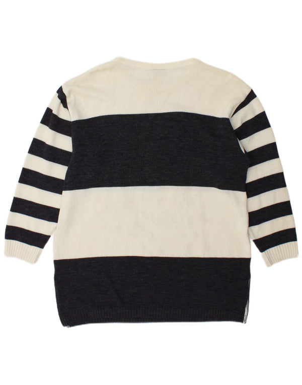 Camilla Jersey gráfico con cuello redondo para mujer, talla 40, talla grande, color blanco a rayas