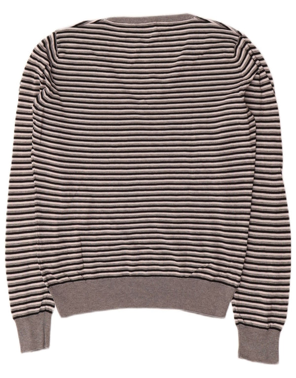 Sweter damski Fred Perry z dekoltem w kształcie litery V, UK 14, bawełniany w średnie szare paski