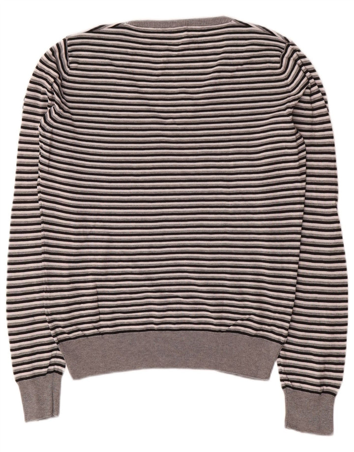 Fred Perry Womens V-Neck Jumper Sweater UK 14 Medium Grey Striped Cotton