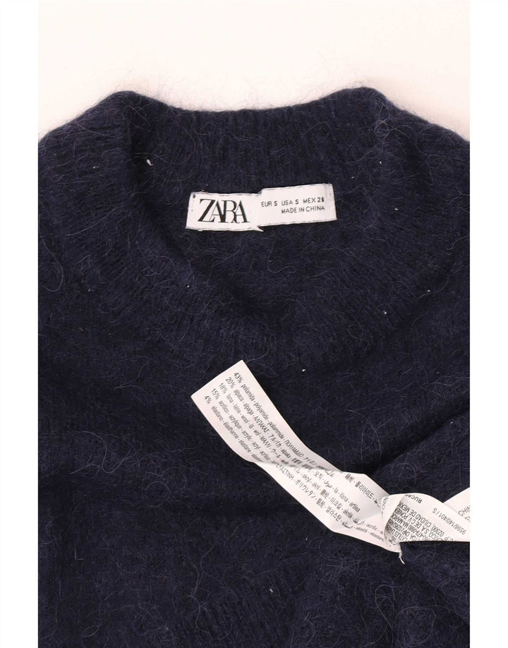 Zara Womens Crew Neck Jumper Sweater UK 10 Small Navy Blue Polyamide