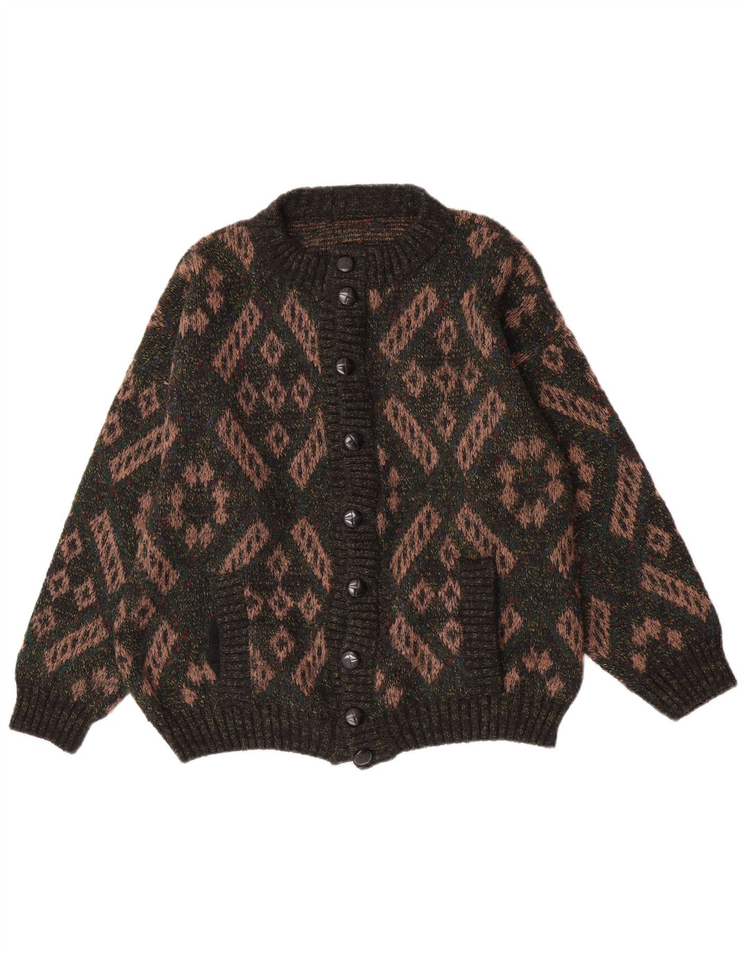 Vintage Mens Cardigan Sweater Large Green Geometric Wool