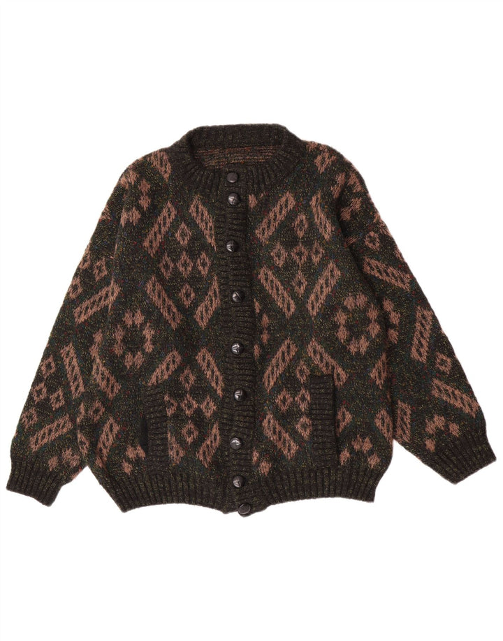 Vintage Mens Cardigan Sweater Large Green Geometric Wool