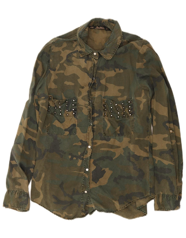 Camicia in denim militare da donna Zara UK 14 grande verde mimetico