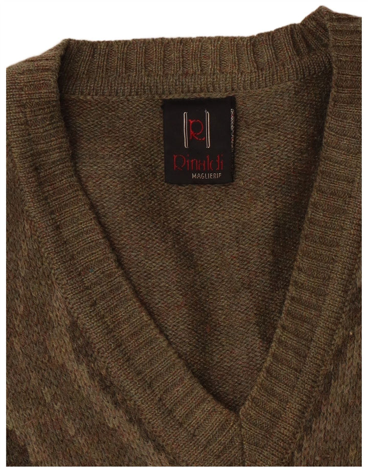 Rinaldi Mens V-Neck Jumper Sweater Medium Khaki Argyle/Diamond Wool