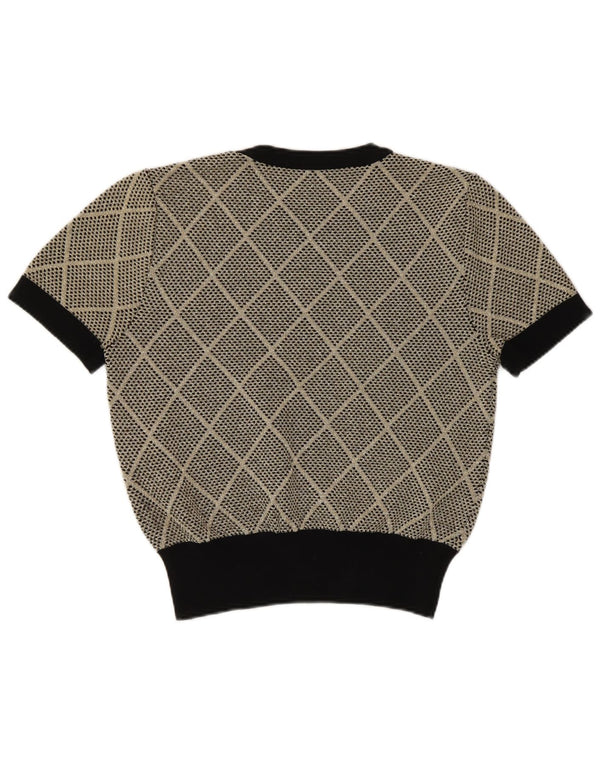Zara Womens Short Sleeve Crew Neck Jumper Sweater UK 12 Medium Gold Check