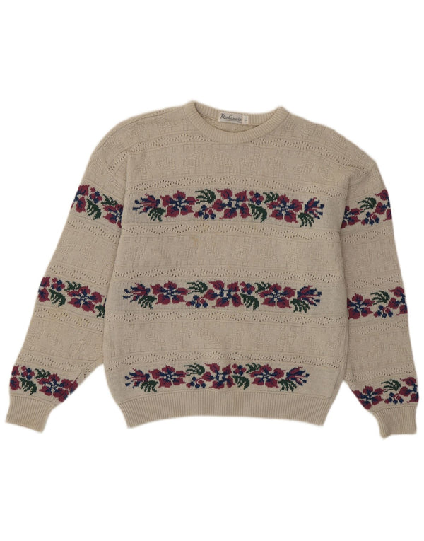 Vintage Womens Crew Neck Jumper Sweater UK 16 Large Beige Floral Acryl