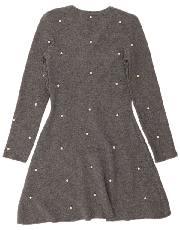 Zara Damen Langarm-Pulloverkleid UK 12 Mittelgrau gefleckte Viskose