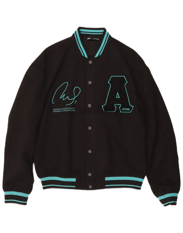 Zara Mens Graphic Varsity Jacket UK 38 Medium Black Polyester