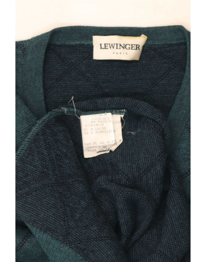 Lewinger Mens V-Neck Jumper Sweater Medium Green Geometric Wool